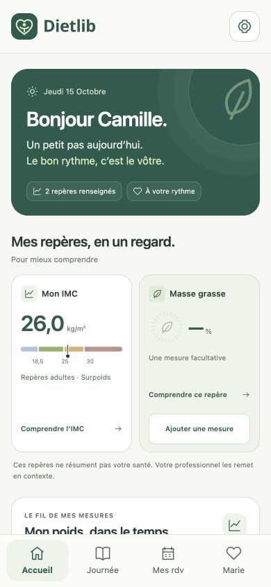 Interface de l’application mobile Dietlib Patients